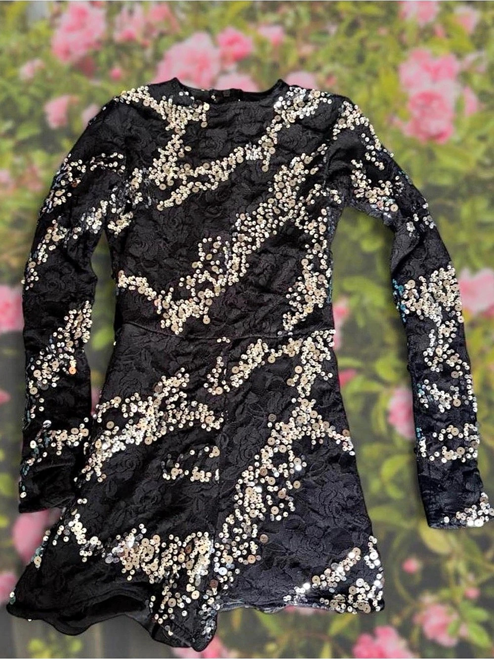 Alexandra Collection Black lace with silver sequin dance costume romper